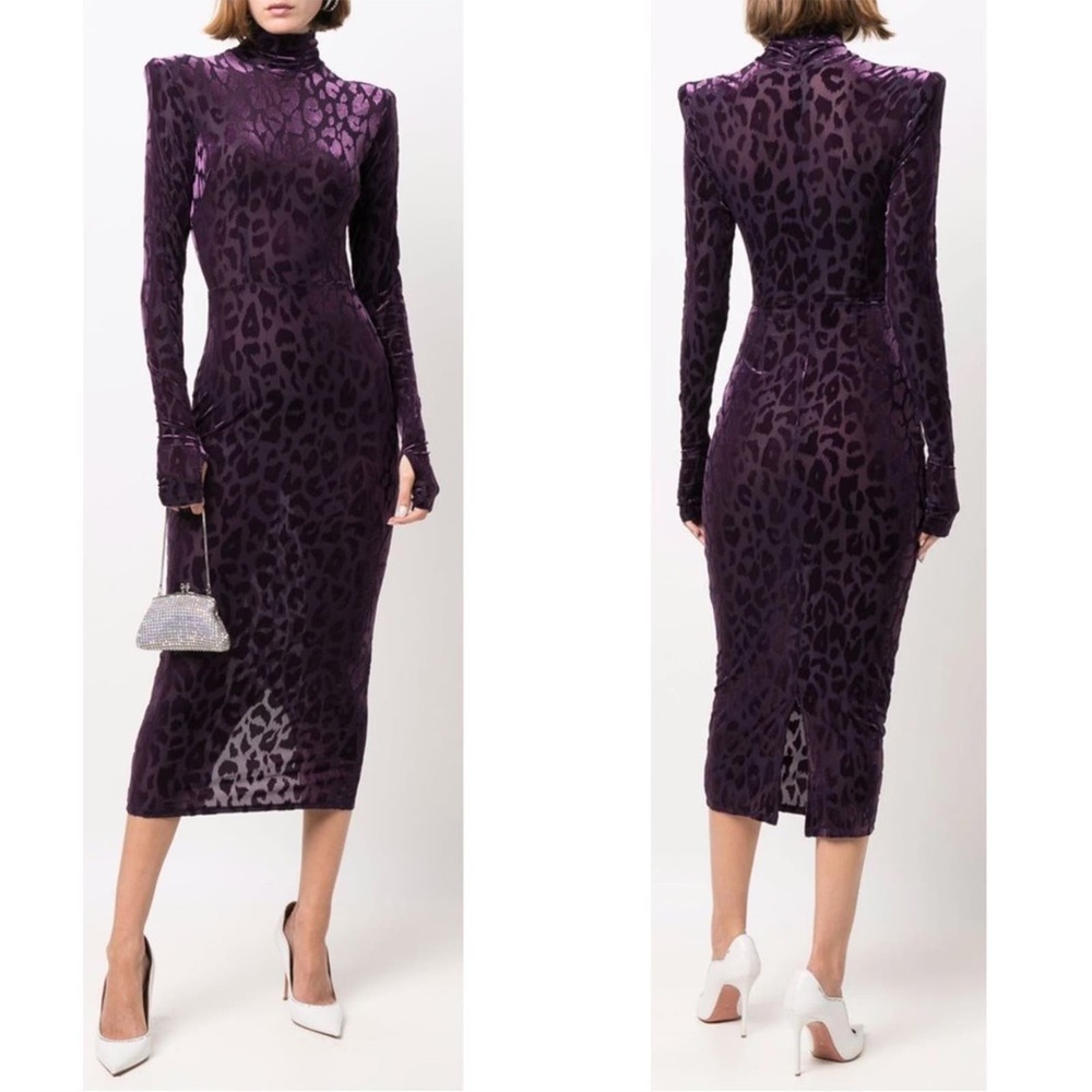 NWT Alex Perry Blueberry Purple Cullen Leopard Flocked Jersey Midi Dress Size 2